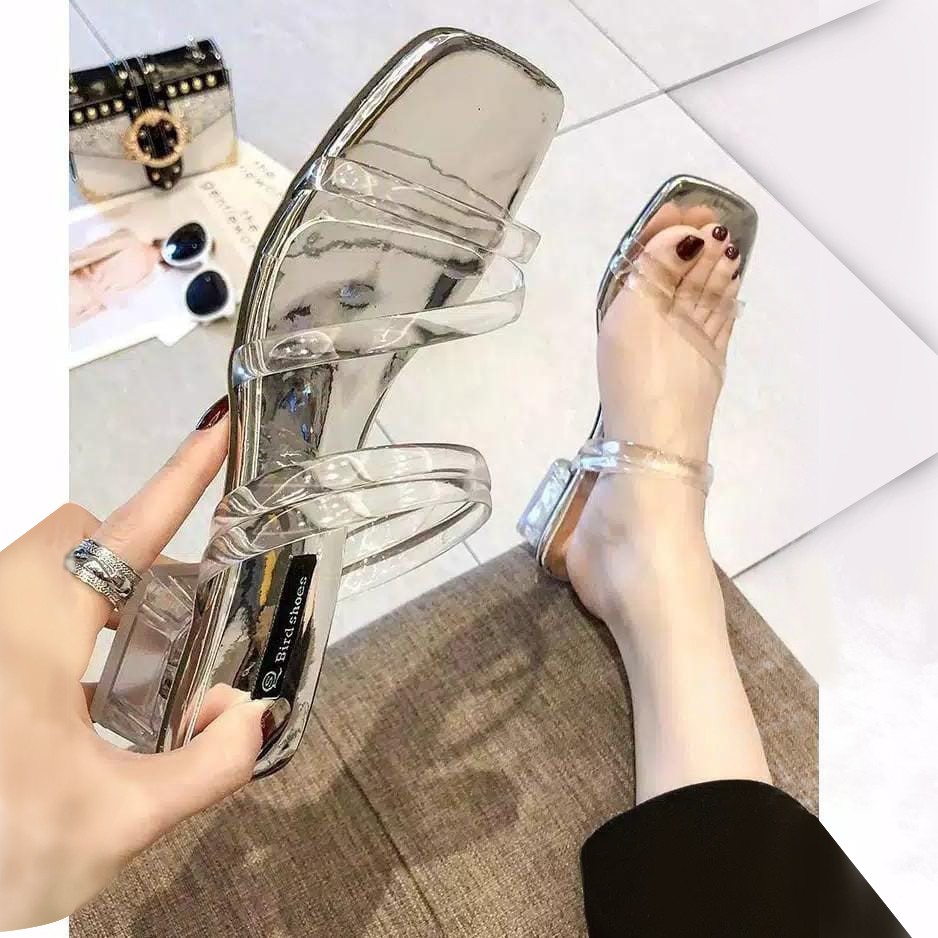 Dans Scout Shop - Sandal Hak 3cm Sandal Heels Kaca Transparan Sandal Tali Jelly Lembut Hitam Silver