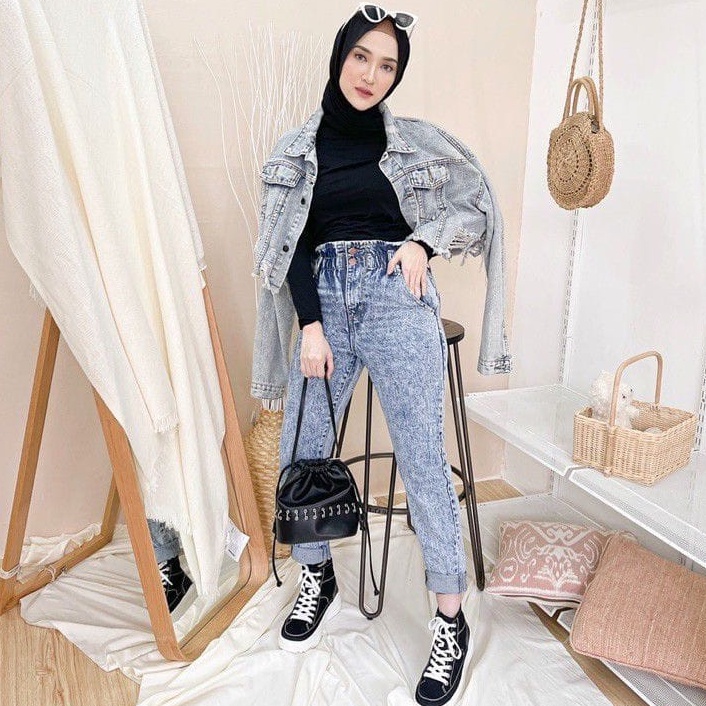 DRAKO JEANS HIGHWAIST SLOUCHY ACID DENIM HITS SELEBGRAM FASHION WANITA GROSIR MURAH