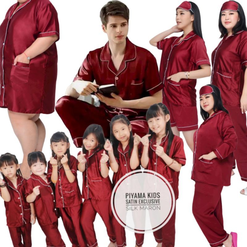 BAJU TIDUR KELUARGA/PIYAMA COUPLE SETELAN SATIN POLOS MAROON