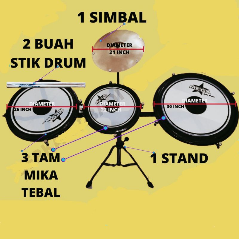 tamtam drum simbal 1 / drum tam tam original murah bonus 2 stik / drum tamtam