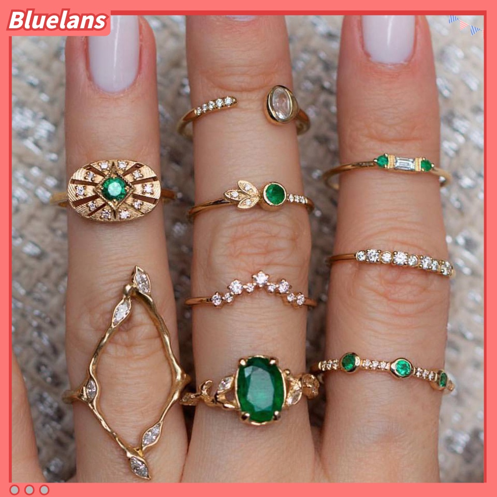 Bluelans 9Pcs / Set Cincin Buku Jari Aneka Bentuk Aksen Berlian Imitasi Untuk Wanita