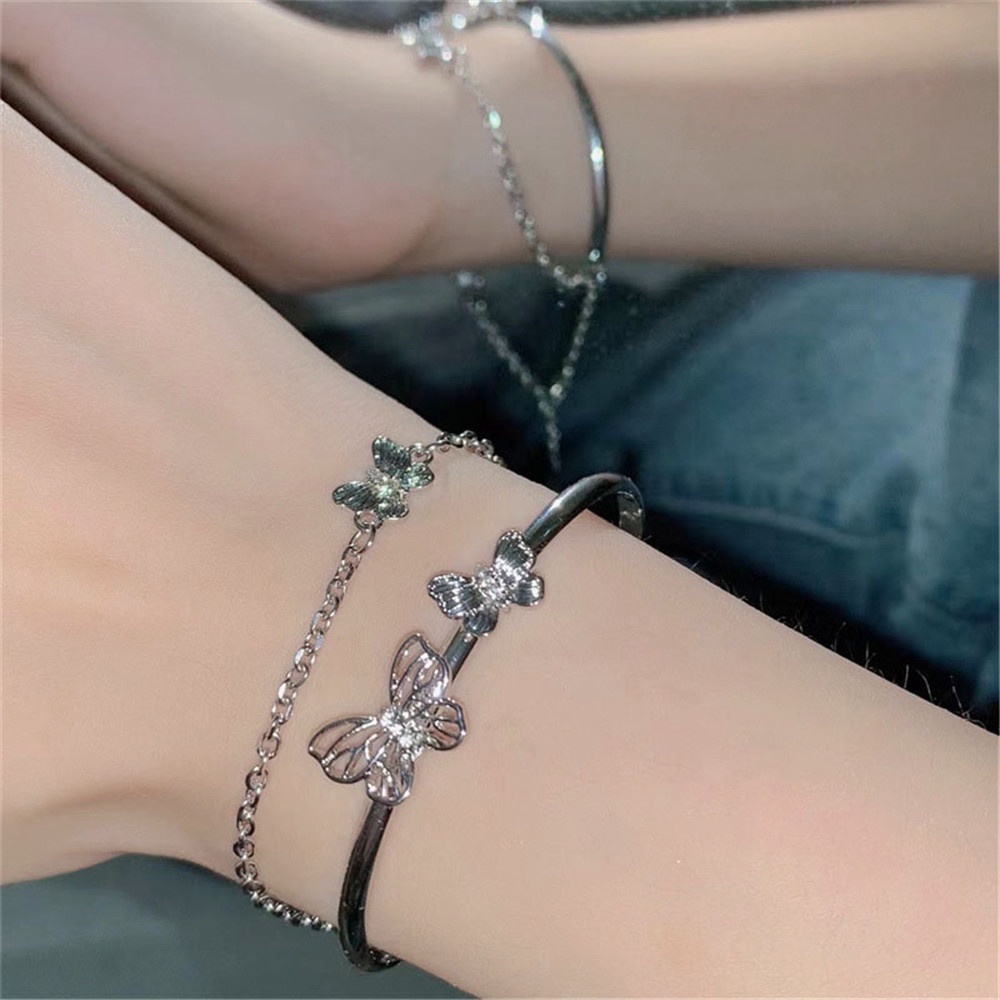 【COD Tangding】Gelang Model Double Layer Desain Kupu-Kupu Bahan Metal Gaya Korea Untuk Wanita