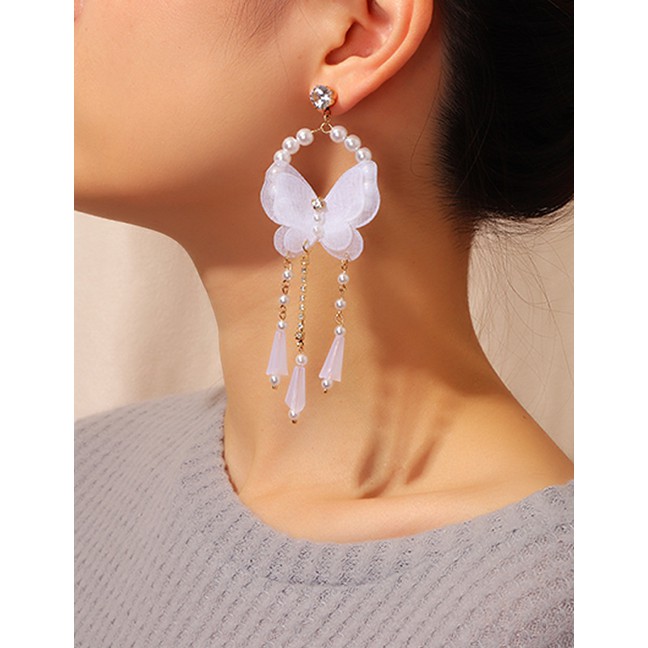 LRC Anting Tusuk Fashion White Mesh Butterfly Artificial Crystal Tassel Earrings D34668