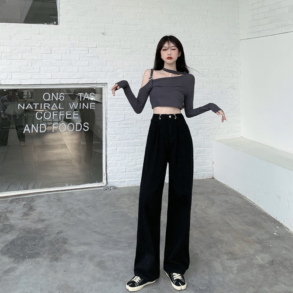 XIAOZHAINV Celana Jeans Wanita Korean Style High Waist Hitam 8878