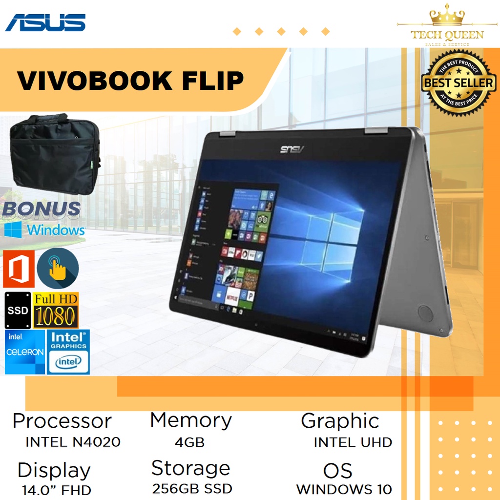 laptop asus vivobook flip tp401ma hd421 2in1 touch n4020 4gb 256ssd w10 14 0hd
