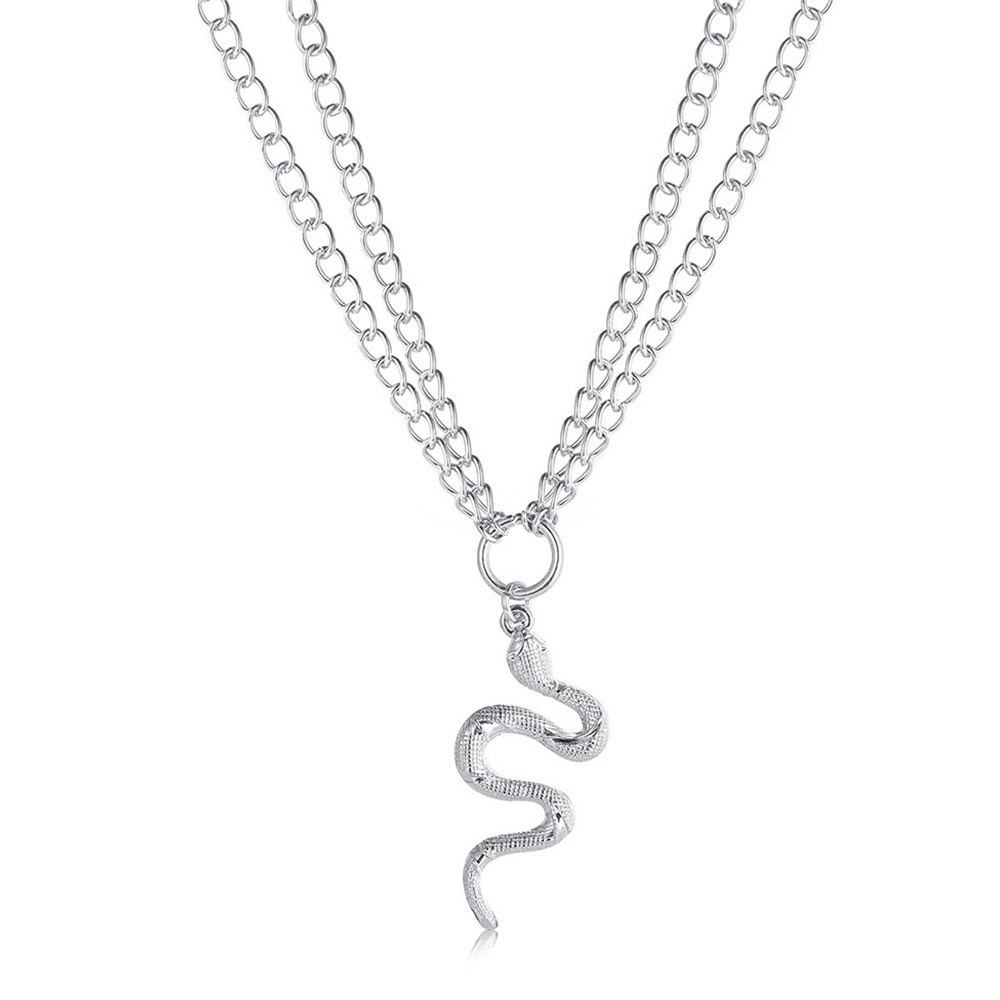 Kalung Rantai Klavikula Liontin Ular Lapisan Ganda Gaya Retro Untuk Wanita
