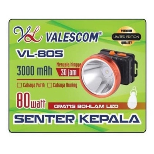 Senter Kepala Valescom VL-80S Cahaya Putih / Kuning + GRATIS Bohlam Lampu LED