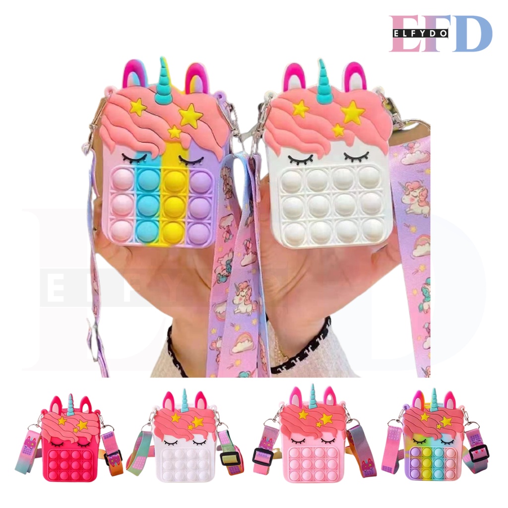 ELFYDO ELF1441 Tas Selempang Anak Unicorn Pop It Rainbow Mainan Bubble Penghilang Stress PopIt Bag Mini