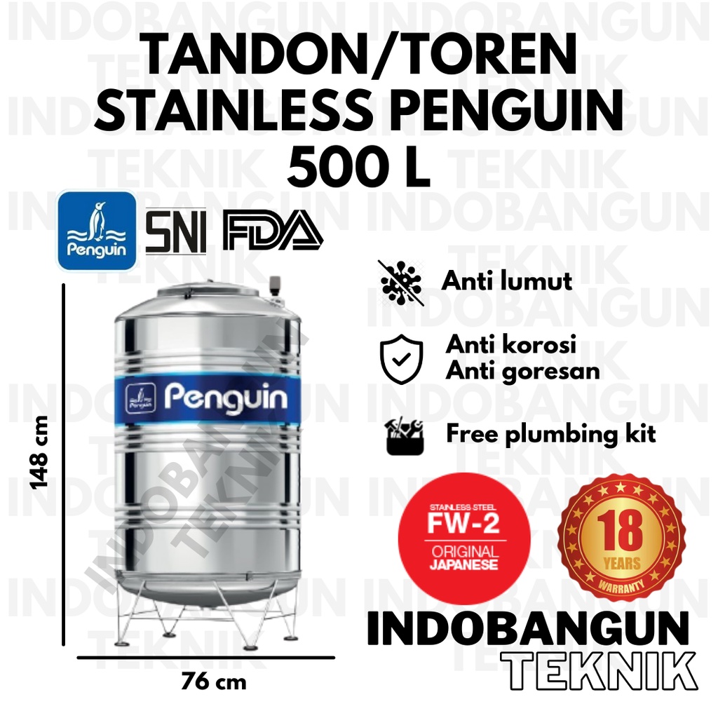 Toren Air Tangki Air Tandon Air Penguin Stainless Steel TBSK 500 (500 Liter) Anti Lumut Murah Bergar