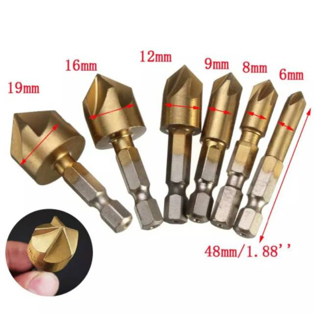 6Pcs Mata Bor Drill Bit 6-19mm Countersink Hex Shank Plat Kayu Alumunium Talang Counter Sink