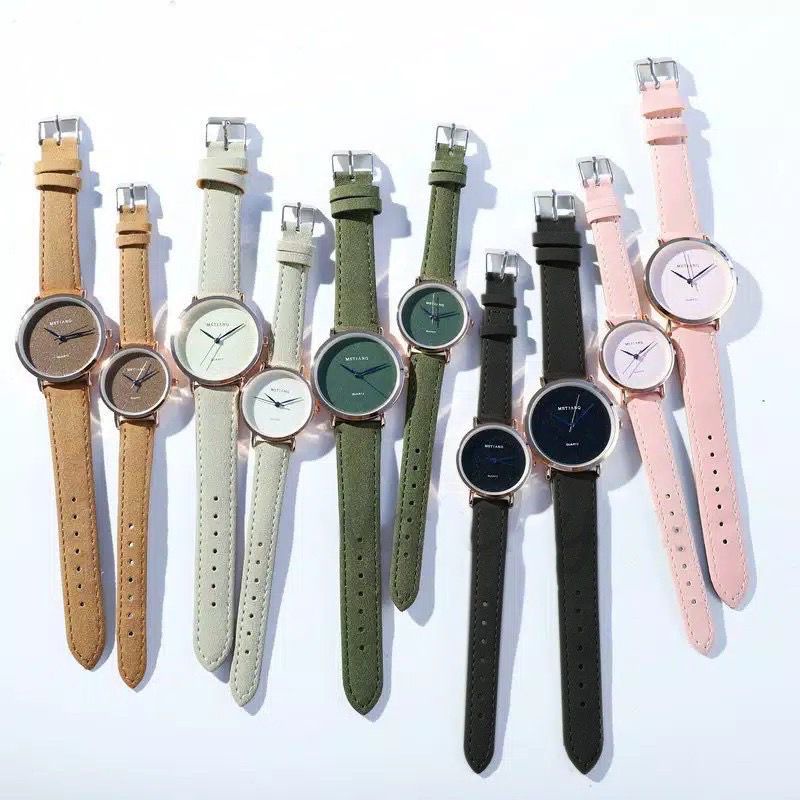 [PA] Jam Tangan Couple Pria / Wanita Polos Casual Dial Bulat Fashion Analog Quartz Simple Strap Kulit Pu Leather JF098