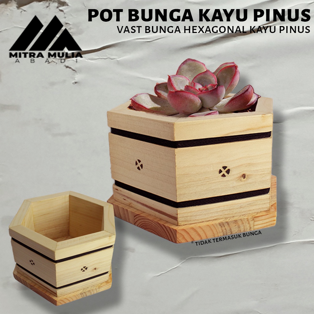 Pot vast Bunga hexagonal Kayu Pinus warna Cream | vast bunga mini