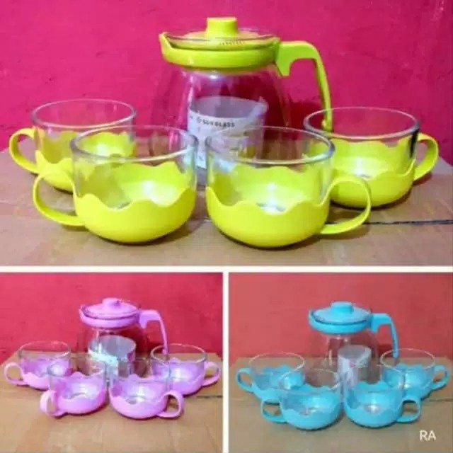 Tea Pot Set 5 in 1 Tempat Minum Teh Teko Set Cangkir Kaca Teapot gelas cafe souvenir kado cantik new