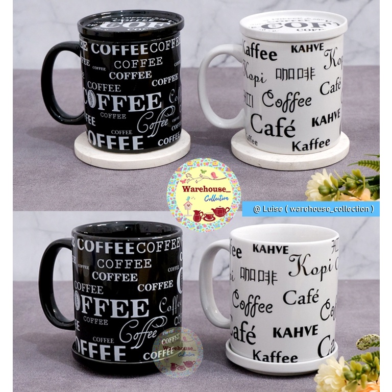 Mug /Cangkir + Tutup Full Print Coffee Keramik / Gelas Kopi black or white per-pcs