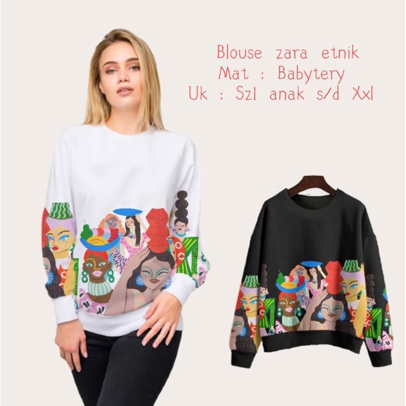 Sweater zara etnik wanita printing