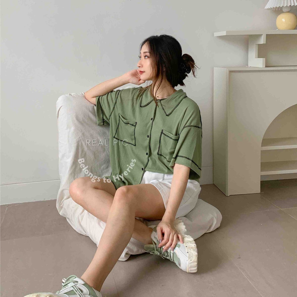 HYERIES Dabin shirt / Kemeja oversize / Pakaian Casual Wanita / Kemeja Polos Wanita / Kemeja jumbo bigsize / Atasan casual wanita / Atasan bumil / Rib blouse / Short sleeves shirt / Kemeja lengan pendek / Basic Shirt / Korea outfit / Knit oversized