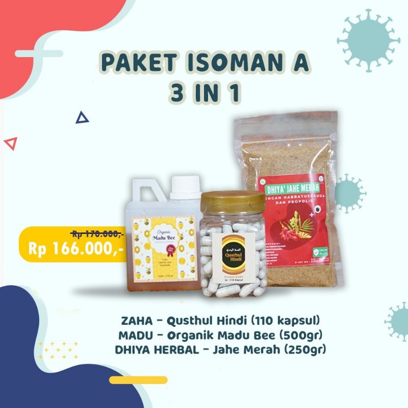 PAKET ISOMAN A dapat Zaha qusnul Hindi 110 kapsul, madu organik merk Zee 500 gram, 1 pcs Dhiya herba