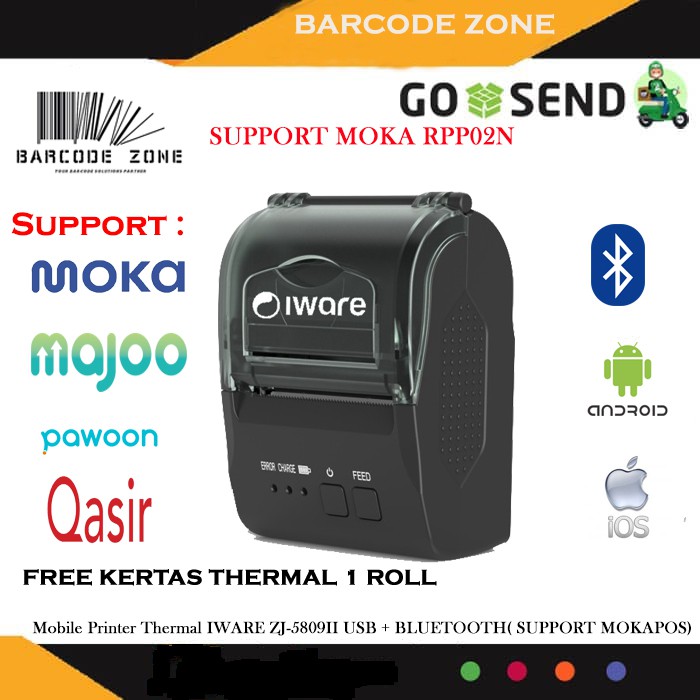 IWARE ZJ-5809II MINI PORTABLE BLUETOOTH THERMAL PRINTER KASIR 58MM - RPP02N SUPPORT MOKAPOS