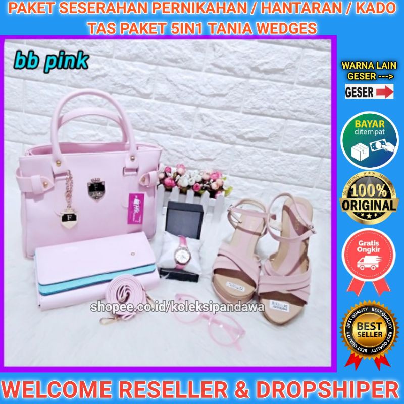 PAKET SESERAHAN PERNIKAHAN TAS PAKET SENDAL WEDGES JAM TANGAN KACAMATA DOMPET SANDAL WEDGES WANITA T