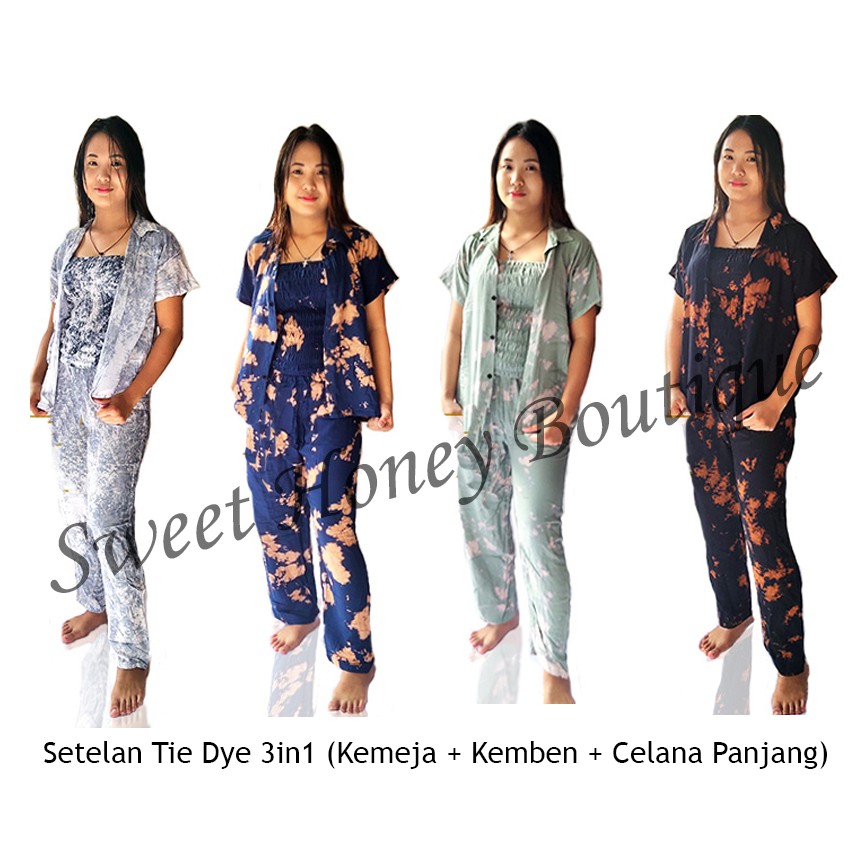 Sweet Honey ~ Setelan 3in1 Tiedye Pajamas Kemeja Kemben Kerut Celana Panjang Camisol Tiedye Bali