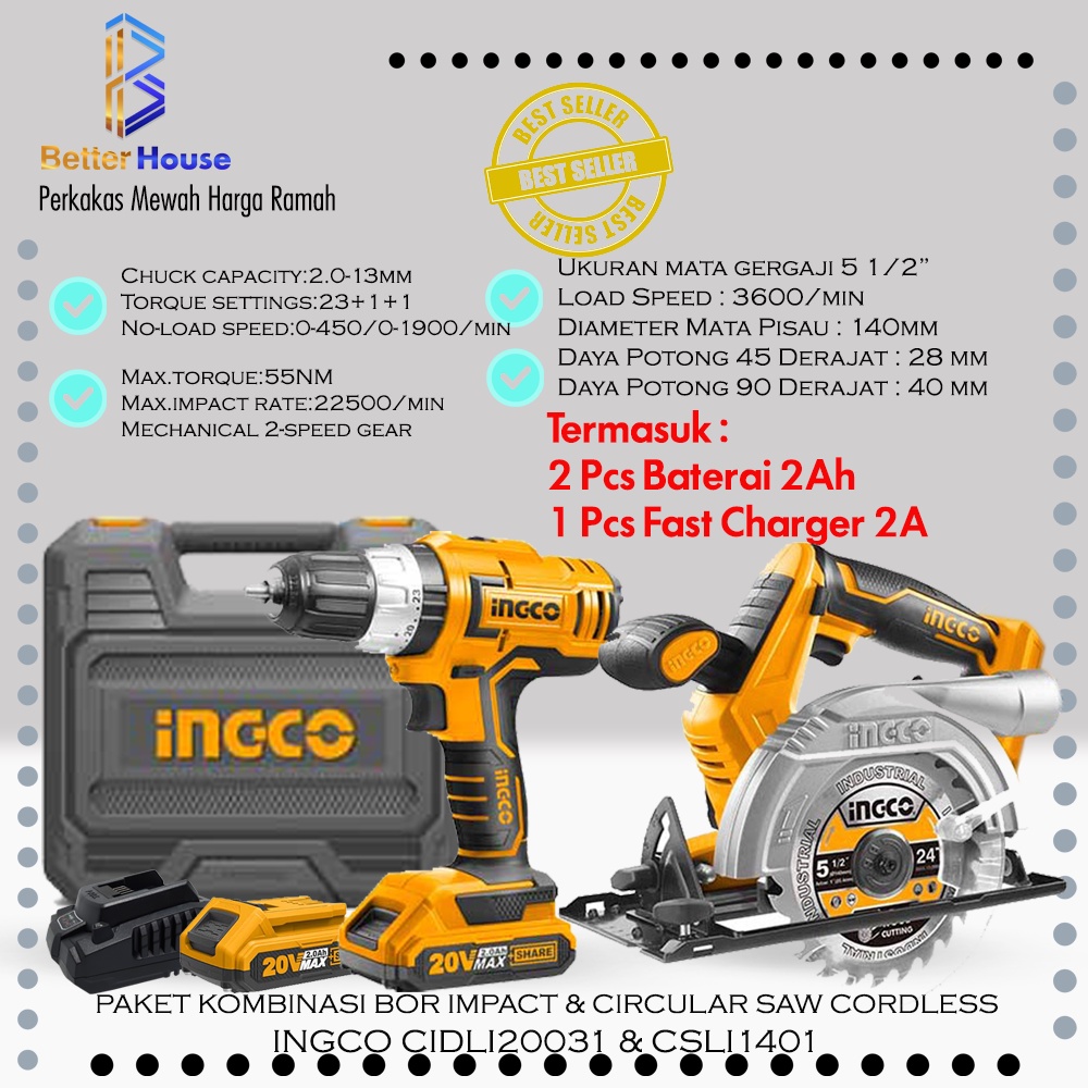 Paket Murah Bor Impact Cordless 13mm 20V INGCO CIDLI20031 & Circular Saw Cordless 20V INGCO CSLI1401