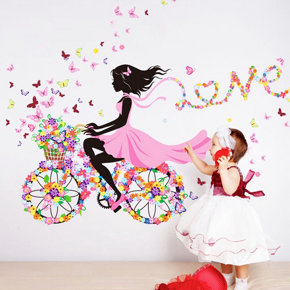 Colorful Butterfly Girl Flowers Bike Wall Art Sticker Mural Decal