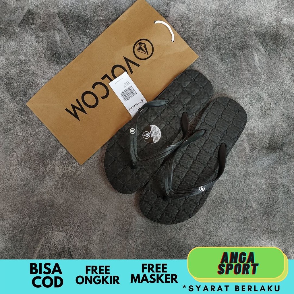 SANDAL PRIA VOLCOM / SANDAL JEPIT COWOK / SENDAL DISTRO WANITA / SANDAL KASUAL MOTIF KOTAK FULLBLACK