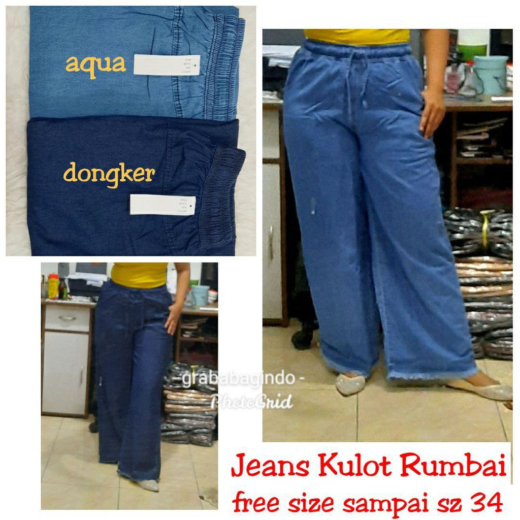 BISA COD - KULOT JEANS RAWIS BIG SIZE / JEANS KAKI LEBAR PINGGANG KARET JUMBO