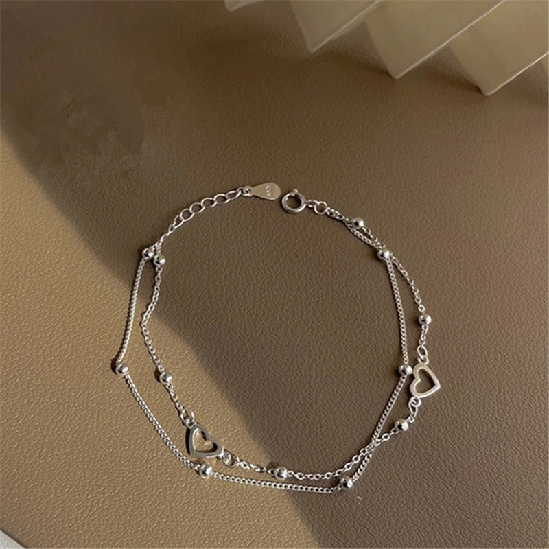 Women Silver Heart Charm Double Layer Silver Beads Exquisite Bracelets