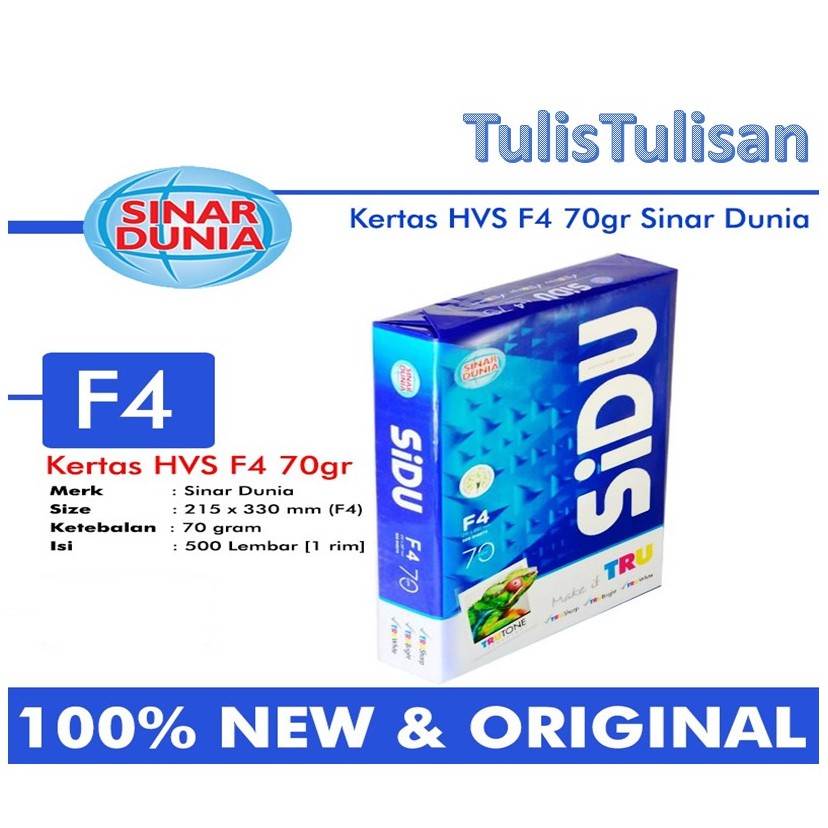 

KERTAS PAPER HVS FOTO COPY FOLIO F4 70GRAM SIDU/ SINAR DUNIA