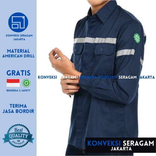 Baju Kemeja Safety K3 Lengan Panjang - Seragam Kerja Atasan Wearpack Werpack Werpak Proyek Tambang Warna Navy Pria Wanita - Konveksi Seragam Jakarta