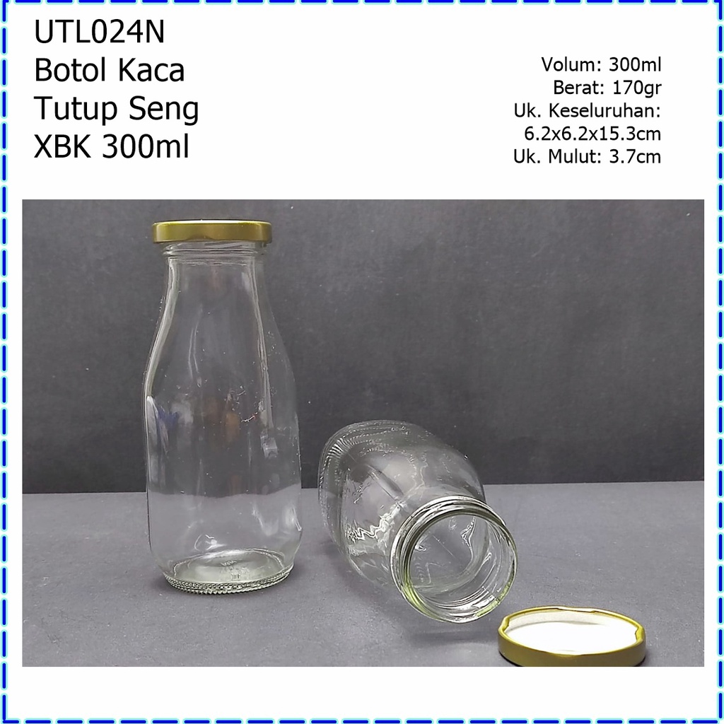 UTL024N Botol Kaca/Botol Susu/Botol Madu/Botol Jus Kaca TEBAL Tutup Seng XBK 300ml