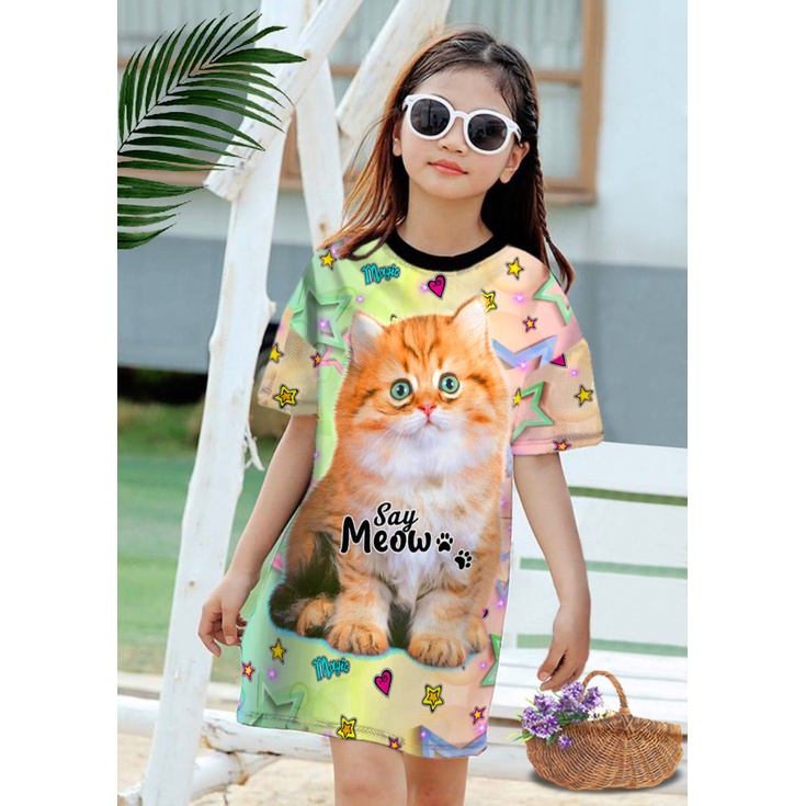 VF -  DRESS ANAK MOTIF PRINT KUCING USIA 2-8 TAHUN