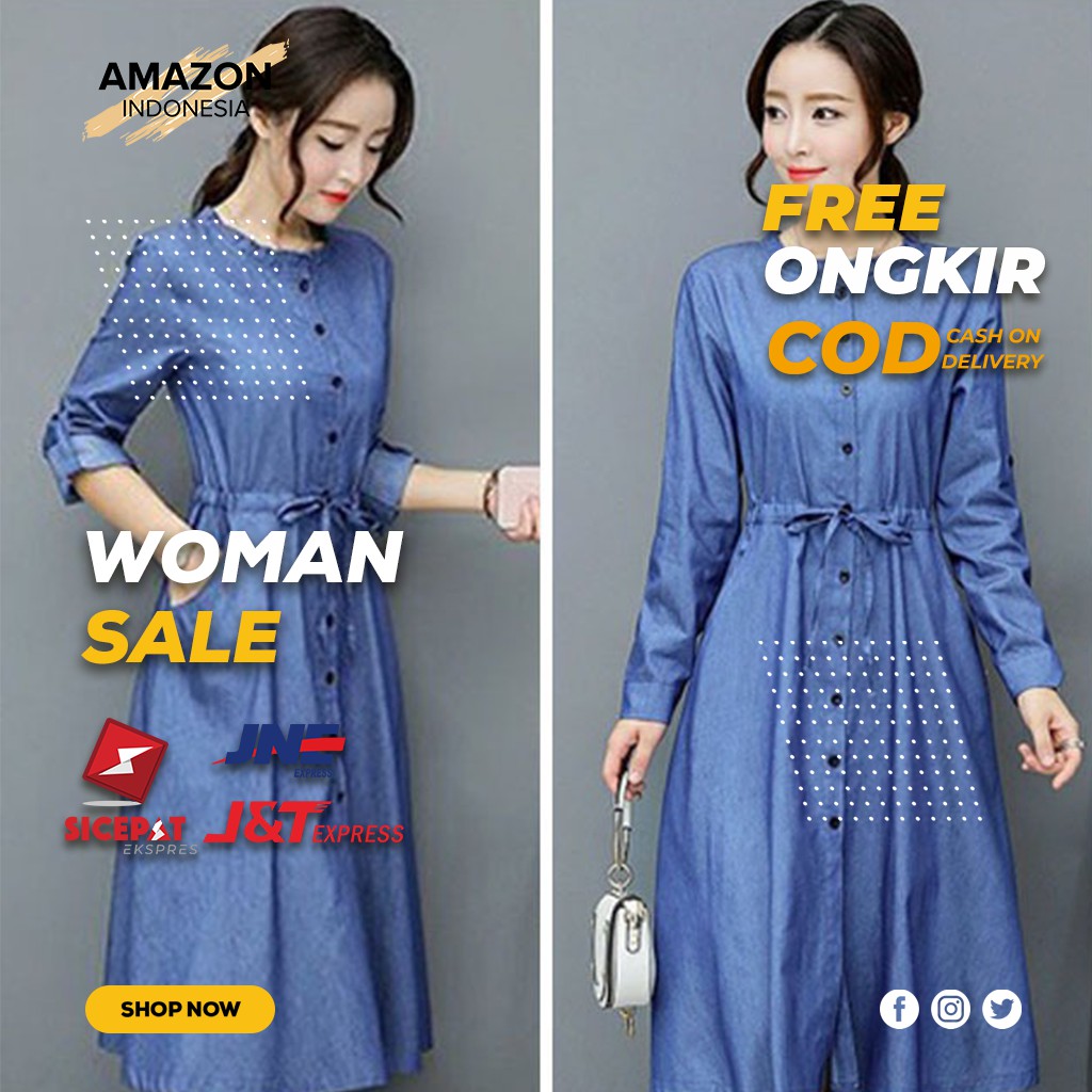 LONG DRESS WANITA STYLE CASUAL WARNA DENIM BAHAN KATUN DINGIN TEBAL ORIGINAL KUALITAS BAGUS IMPORT