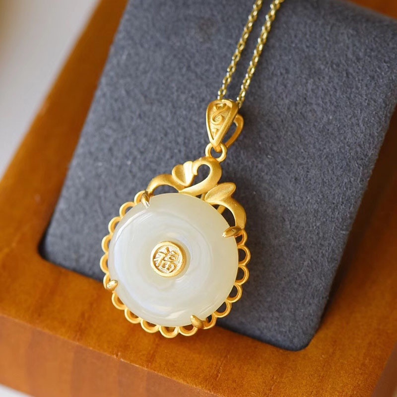 Goldkingdom Perhiasan Fashion Emas Asli Kadar 375 Bangkok Aksesoris Ready Stock Warisan Kata Berkah Sepuhan Retro Hetian Jade Aman Gesper Liontin Giok Wanita Untuk Ibu