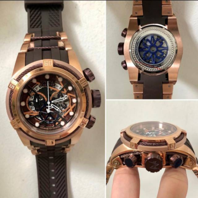 JAM TANGAN PRIA INVICTAA PREMIUM AAA+ STRAP RUBBER COKLAT BODY ROSE GOLD