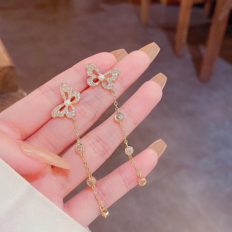 Anting Tusuk Gantung Panjang silver 925 Wanita Desain Kupu-Kupu Rumbai Full Berlian Mewah