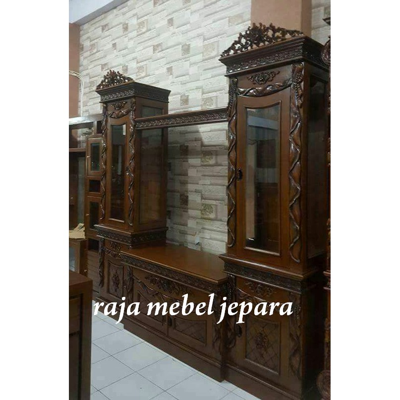 lemari pajangan tv ukir jati, lemari hias jati, furniture jepara