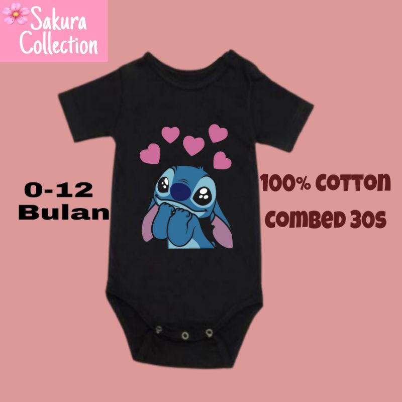 Kaos baju bayi jumper baby kids pendek viral logo tulisan STITCH DISNEY lucu usia 0 1 2 3 4 5 6 7 8 9 10 11 12 bulan sampai umur 1 tahun adem jumpsuit babysuit romper bodysuit little anak kecil hitam style laki laki perempuan unisex nyaman lembut