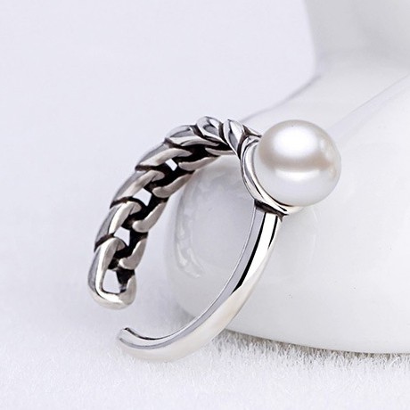Cincin Sterling Silver 925 Desain Asimetris Simple Adjustable Hias Mutiara Untuk Wanita