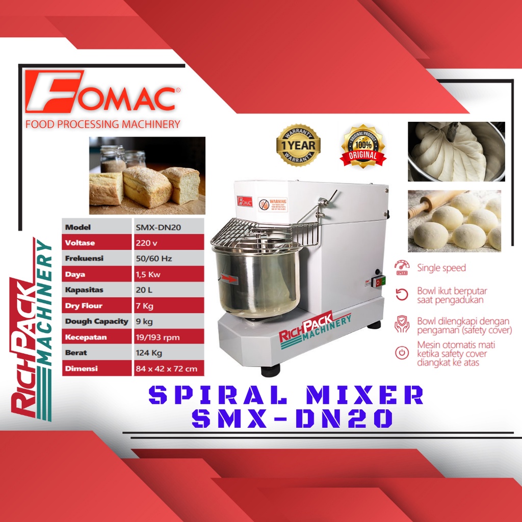 SPIRAL MIXER MESIN PENGADUK KAPASITAS 20 LITER SMX-DN20 FOMAC