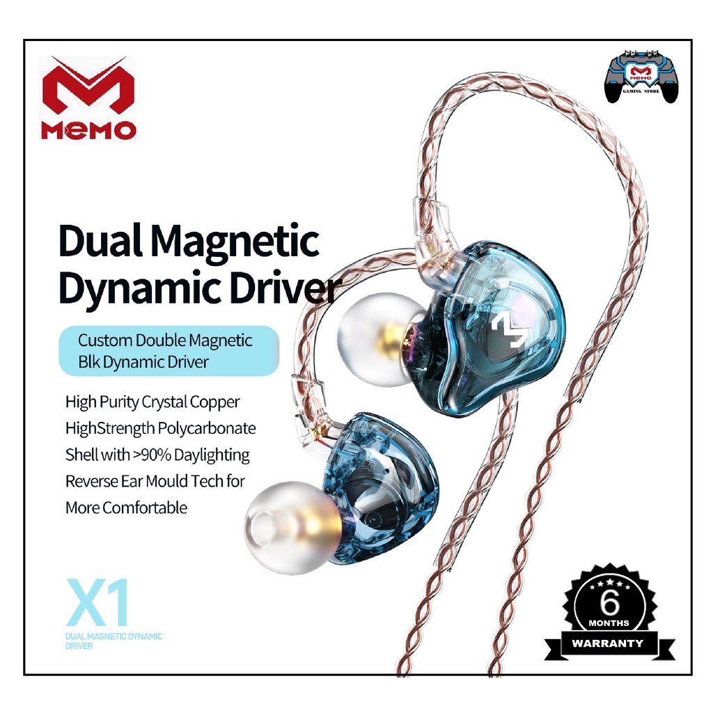 Original MEMO X1 In Earphone Monitor HiFi Dual Magnetic Dynnamic Driver Earphone Mic