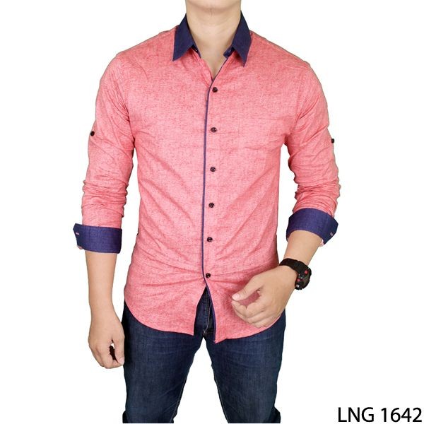 Mens Fashion Long Sleeve  Casual Shirts With Pointed Collar Katun Merah – LNG 1642