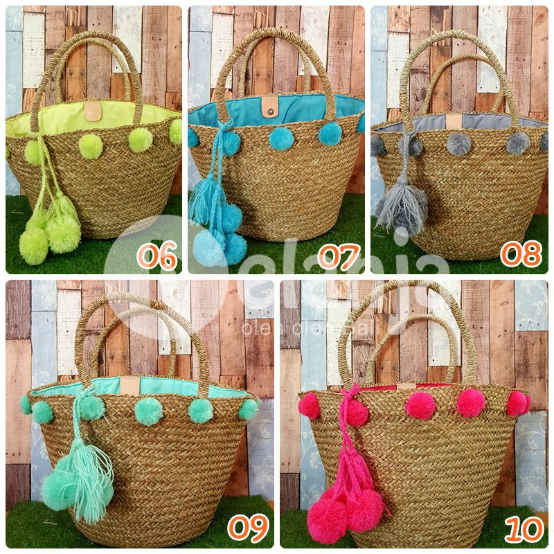 Tas Anyam Pompom  A / tas anyaman tas piknik prawedding