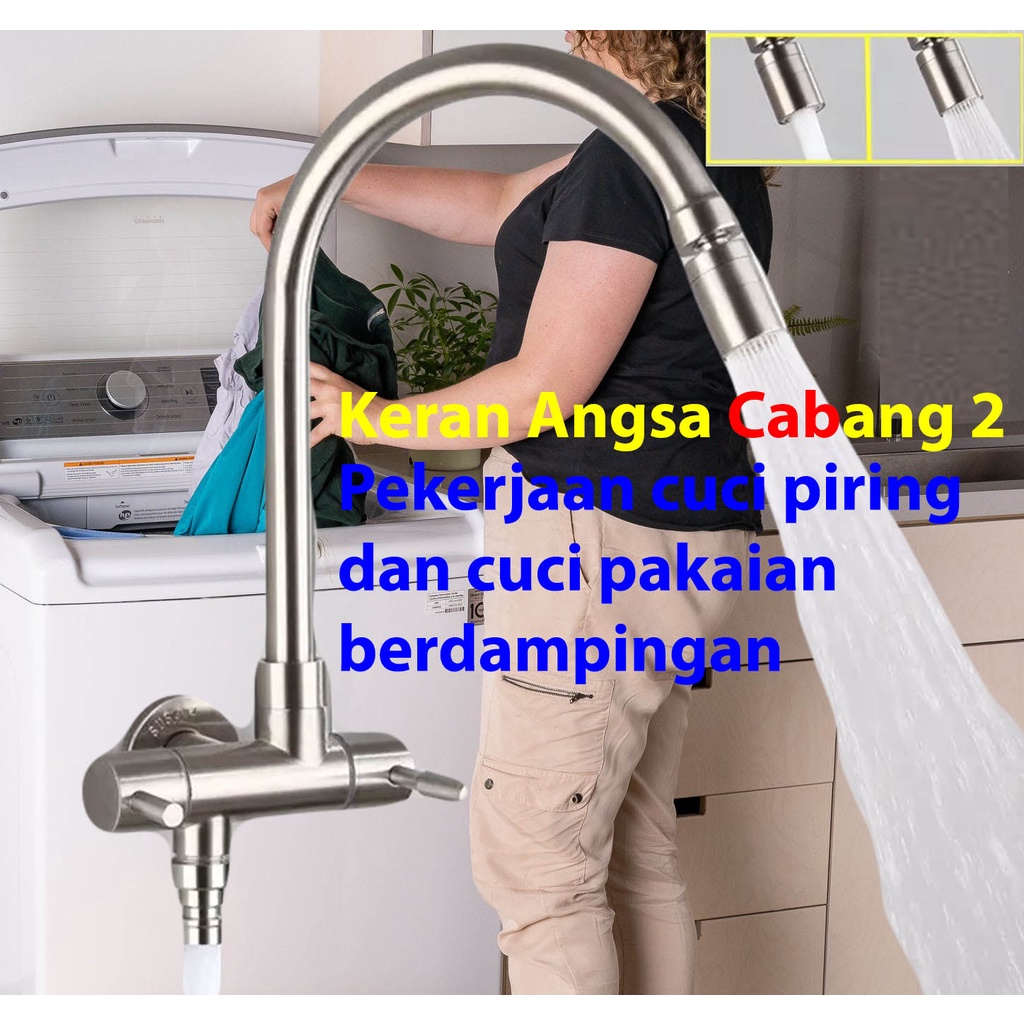 Keran Wastafel Bebek Angsa Cabang 2 Stainless 304. Keran Sink Dapur, Mesin Cuci