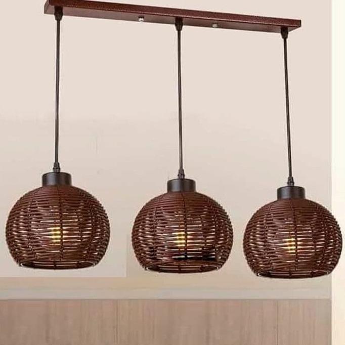 :>:>:>:>] Lampu hias gantung kayu rotan ruang meja makan MODERN RATTAN susun 3