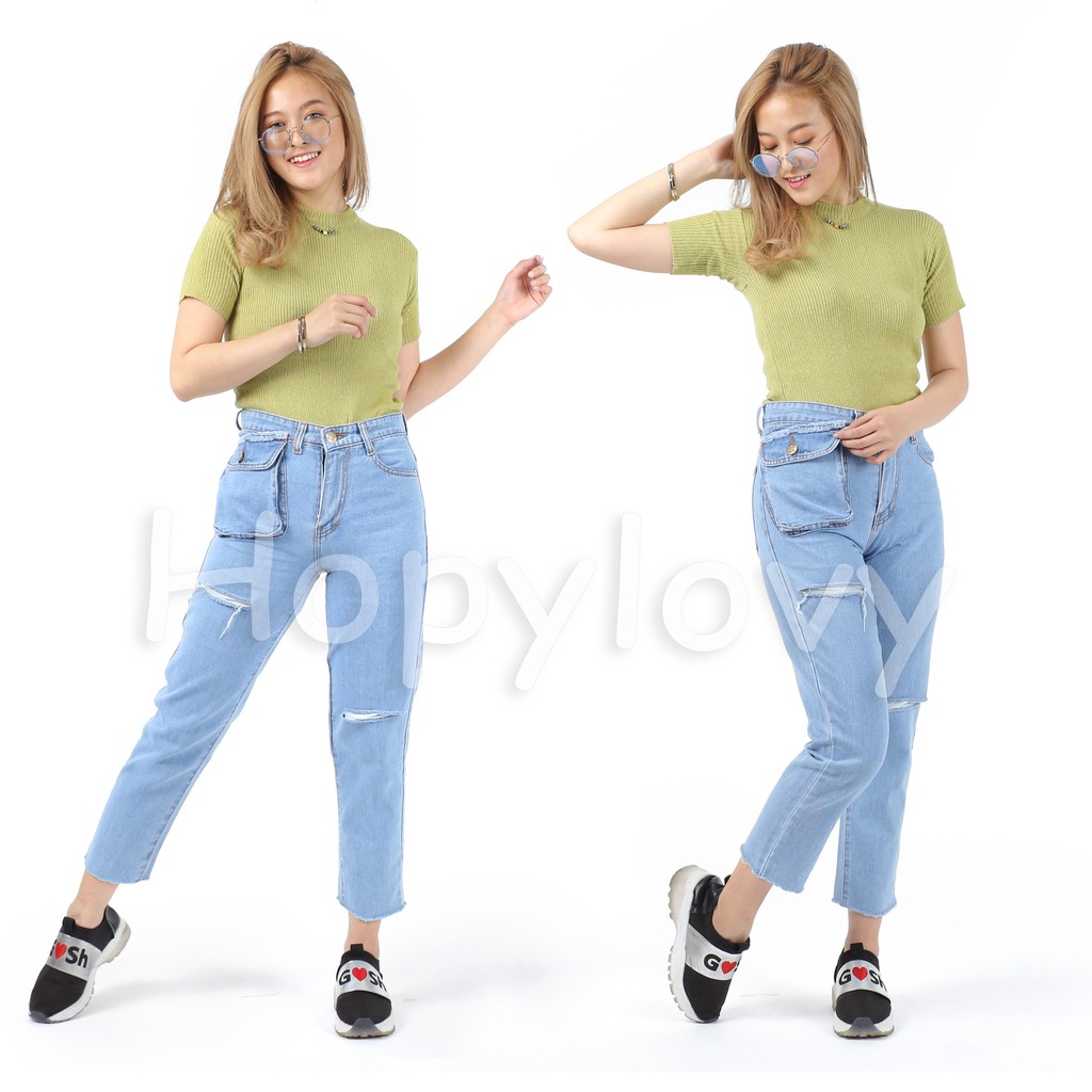 HOPYLOVY Celana  Boyfriend  Jeans Wanita  Ripped With 