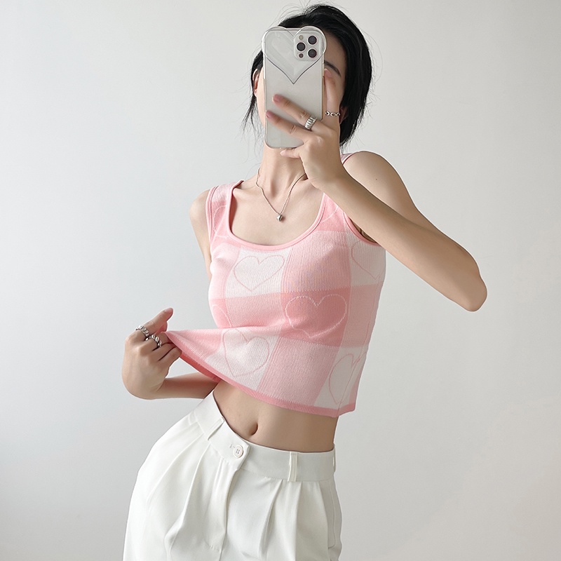 【Elegant】Checkered sleeveless Knit Crop Top 7486