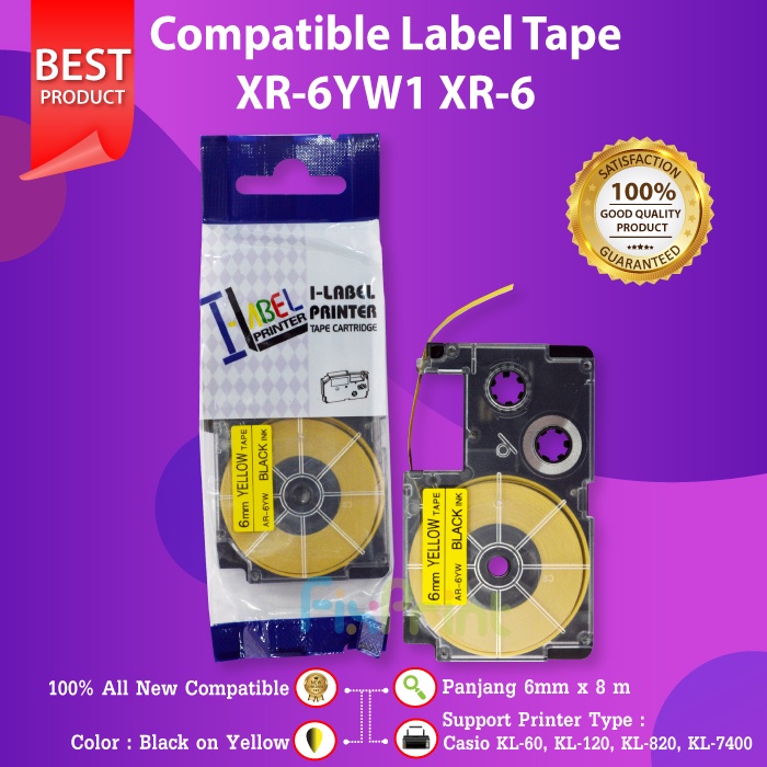 Compatible Label Tape Casette XR-6YW1 XR-6 Black On Yellow 6mm, Printer Casio KL-60 KL-120 KL-820 KL-7400