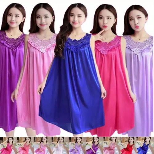 Dress Piyama Happy Baju Tidur Wanita Bahan Satin Sutra Sexy Import /Baju Tidur Dress Babydoll